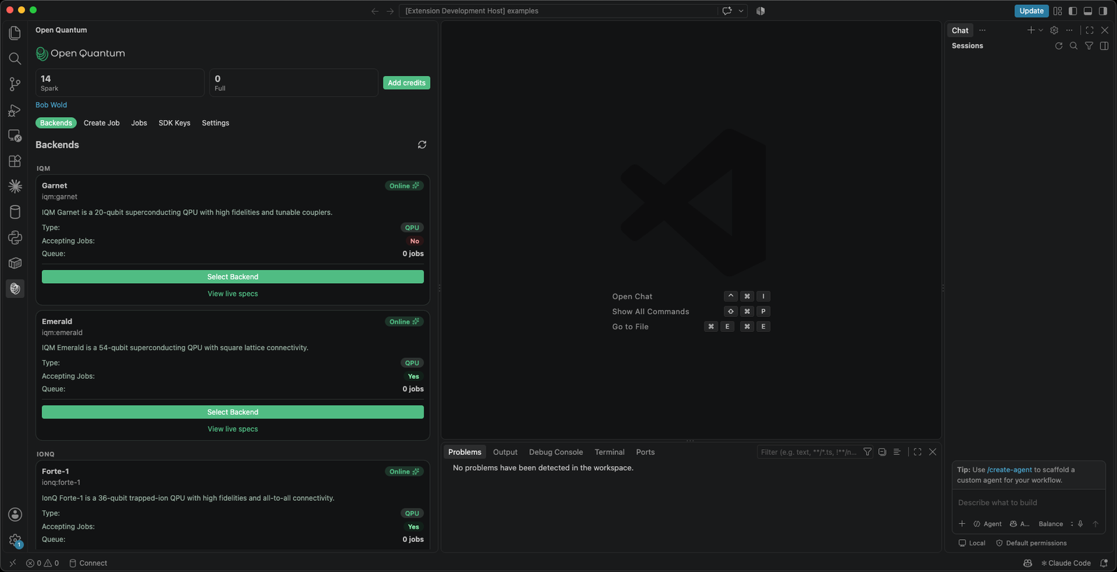 The Backends page in the Open Quantum view, listing backends with status, queue depth, and Spark availability