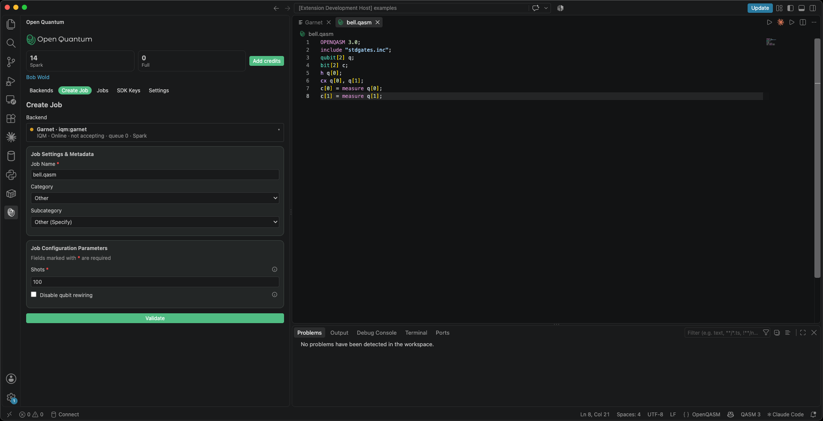 Create Job in the Open Quantum view, with the backend, job settings, and configuration parameters