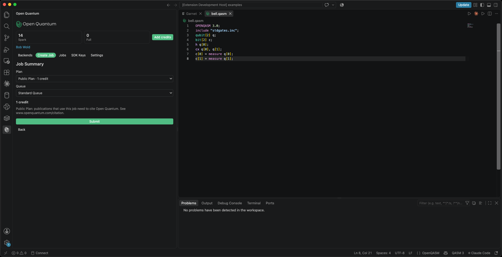 The Job Summary in the Open Quantum view, with the plan, queue, and credit quote before submitting