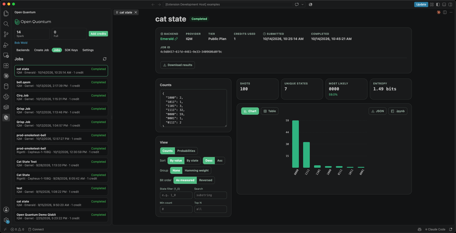A completed job's results explorer, with the counts as a chart, a chart and table toggle, filters, and a download button